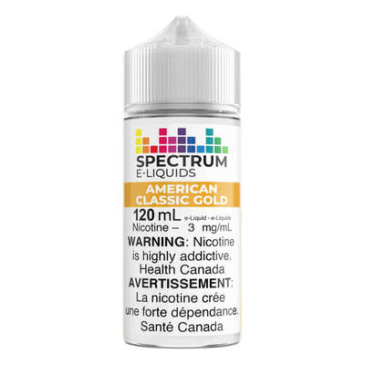 Spectrum Freebase E-Liquid 120mL bottle with American Classic Gold flavor, featuring vibrant label design and vape-friendly packaging.