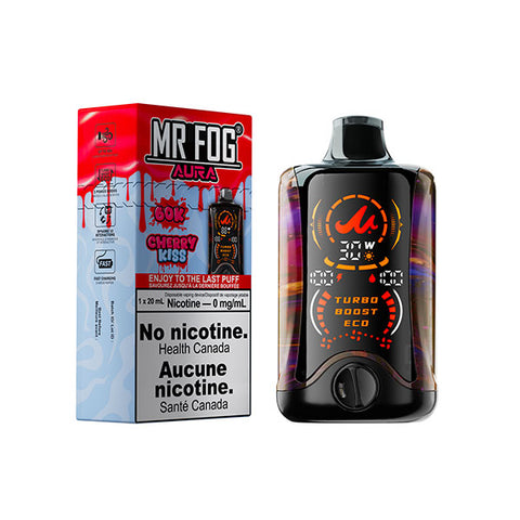 Mr. Fog Aura 60k disposable vape in Cherry Kiss flavor from Giant Distro, featuring a sleek design and cherry flavor illustration.
