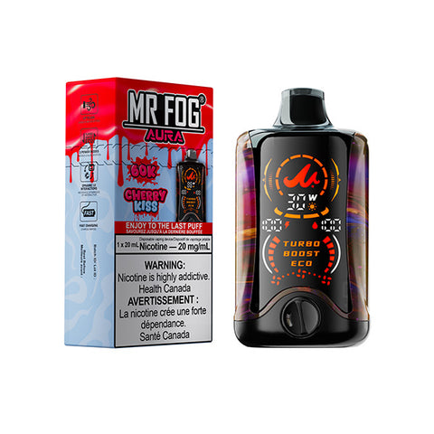 Mr. Fog Aura Cherry Kiss disposable vape from Giant Distro with cherry flavor and 20mg nicotine, sleek design, and compact size.