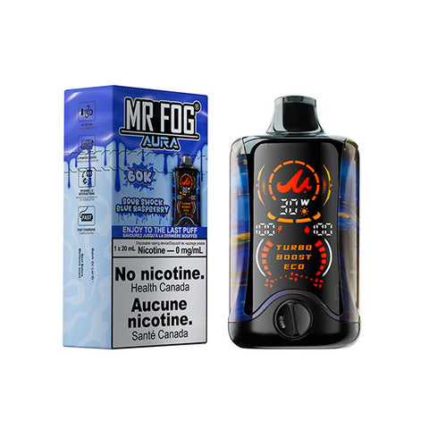 Disposable vape device from Mr. Fog Aura line by Giant Distro with Sour Shock Blue Raspberry flavor, 0mg nicotine.