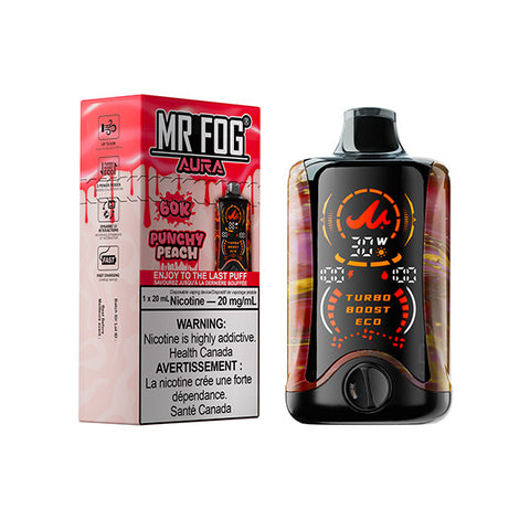 Mr. Fog Aura 60k disposable vape in Punchy Peach flavor by Giant Distro, showing the sleek device with colorful packaging.