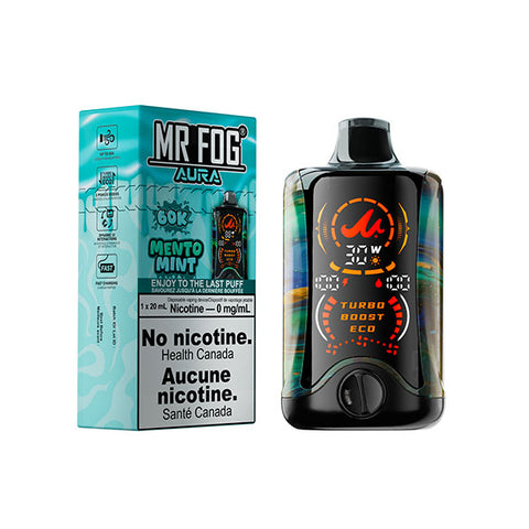 Giant Distro Mr. Fog Aura 60k disposable vape in Mento Mint flavor, showing sleek design and mint flavor branding.
