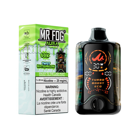 Giant Distro Mr. Fog Aura 60k disposable vape in twist watermelon flavor with 20mg nicotine, shown in sleek packaging.