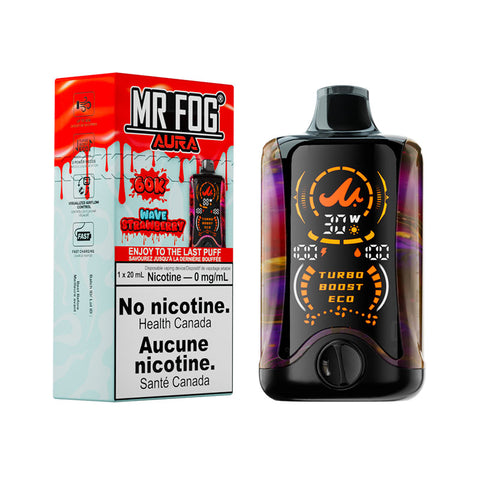 Disposable vape device from Mr. Fog Aura series by Giant Distro, featuring wave strawberry flavor and sleek design.