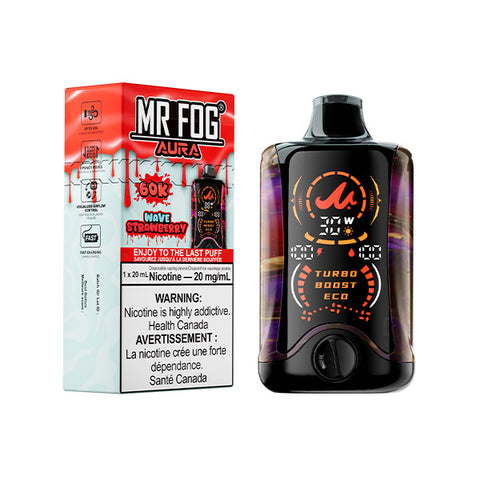 Mr. Fog Aura 60k disposable vape by Giant Distro with a wave strawberry flavor and 20mg nicotine visible on the packaging