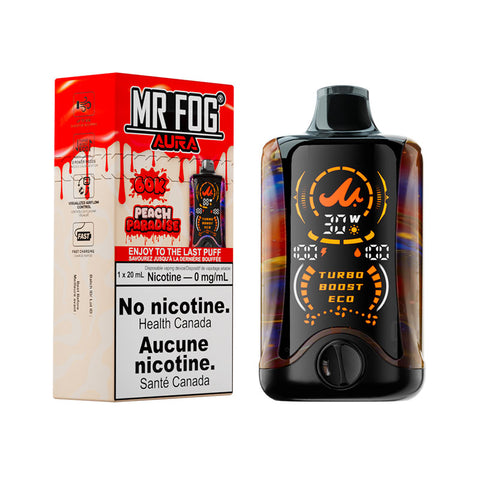 Giant Distro Mr. Fog Aura Peach Paradise disposable vape with peach flavor, sleek design, and 60k puff capacity.