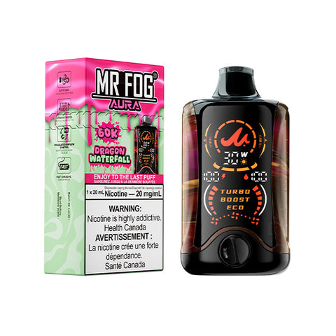 Mr. Fog Aura 60k disposable vape by Giant Distro, featuring a dragon waterfall design and 20mg nicotine e-liquid.
