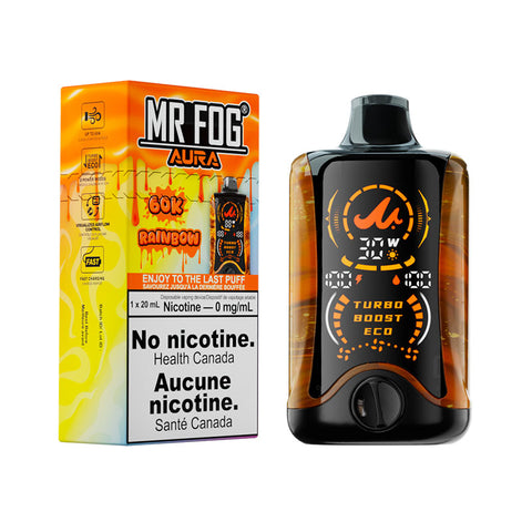Rainbow Mr. Fog Aura 60k disposable vape by Giant Distro, featuring colorful packaging and sleek design.