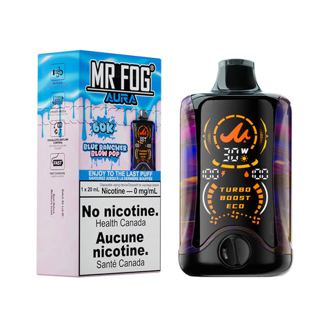 Mr. Fog Aura 60k disposable vape by Giant Distro in blue rancher flavor, featuring sleek design and colorful packaging.