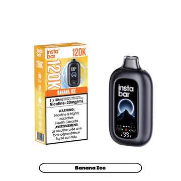 BananaIce flavored disposable vape device from Nimbus Distro's Insta Bar 120K series, sleek design with banana ice flavor.