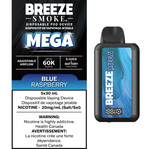 Blue raspberry Breeze Mega disposable vape by Smoke Arsenal, compact device with vibrant blue and raspberry flavor details.
