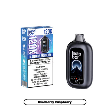 Blueberry and raspberry flavored disposable Insta Bar 120K vape device by Nimbus Distro in blue.