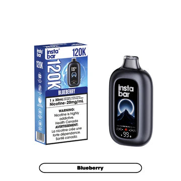 Nimbus Distro Insta Bar 120K disposable vape in blueberry flavor with sleek blue design and compact size.