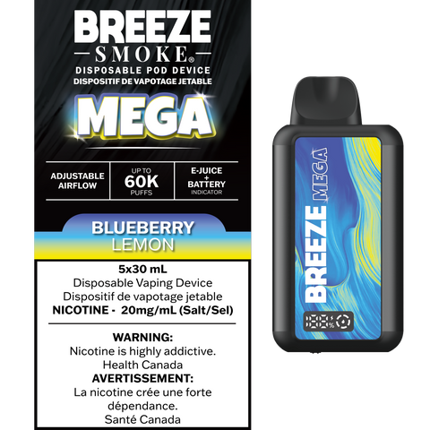 Blueberry lemon flavored Breeze Mega 30mL disposable vape by Smoke Arsenal with blue and yellow design.