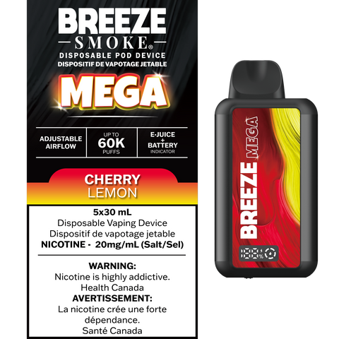 Smoke Arsenal Breeze Mega disposable vape in Cherry Lemon flavor, showing the sleek device with colorful cherry and lemon design.