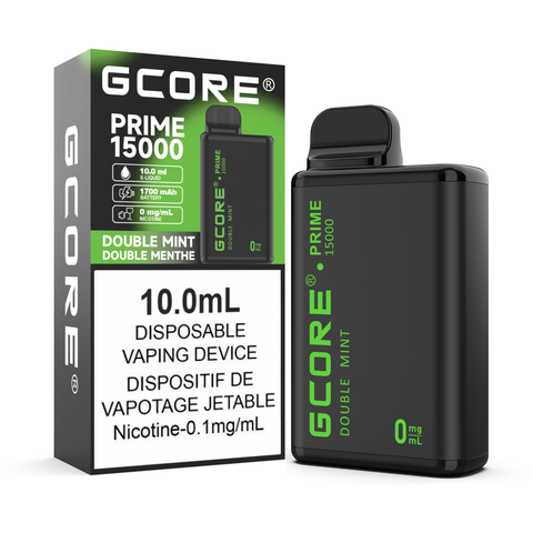 GCore Prime 15000 disposable vape with Double Mint flavor, nicotine-free e-liquid, showcasing the sleek vape device with mint leaves.