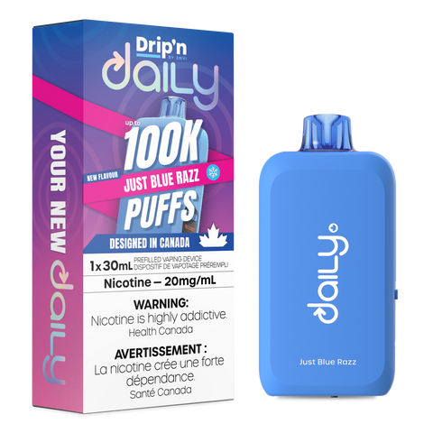 Pacific Smoke Drip'n Daily Disposable Vape in Just Blue Razz flavor, compact device with blue and purple design.