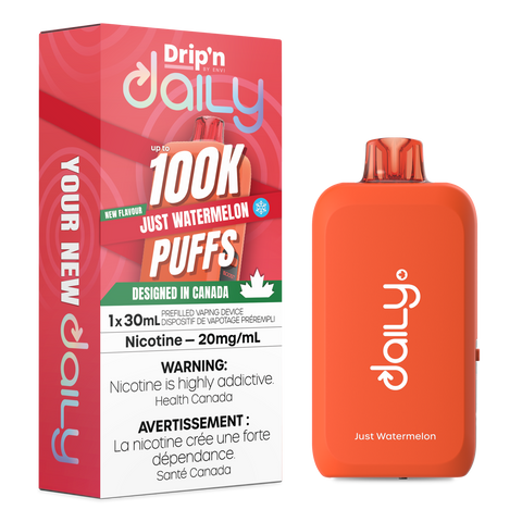 Disposable vape device from Pacific Smoke's Drip'n Daily line, featuring a watermelon flavor design.