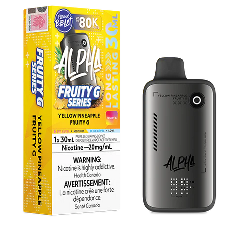 Pacific Smoke Flavour Beast Alpha 80K disposable vape in yellow with pineapple flavor and fruity design.