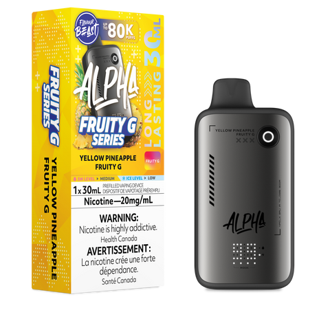 Pacific Smoke Flavor Beast Alpha 80K disposable vape in yellow pineapple flavor with fruity design on the device.