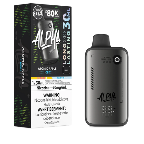 Pacific Smoke Flavour Beast Alpha 80K disposable vape with Atomic Apple Iced flavor, showcasing the sleek device design.