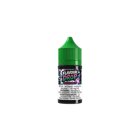 Valor Flavour Drop Salt Nic E-Liquid 30mL Frozen Belts flavor in a clear bottle with label, designed for vaping.