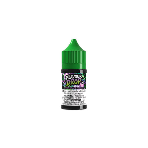 Bottle of Valor Flavour Drop Salt Nic E-Liquid 30mL in Sour Grape Freeze flavor with purple and blue packaging.