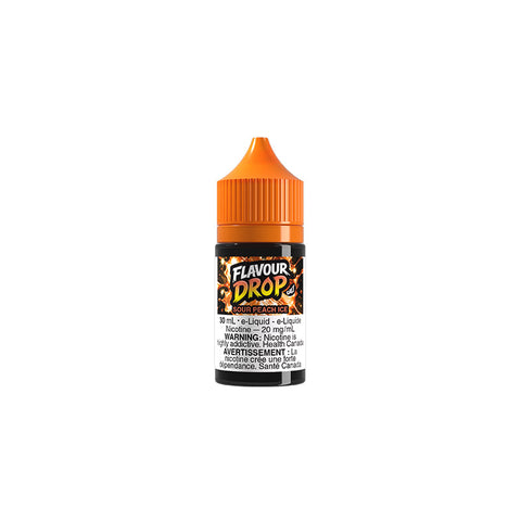 Valor Flavour Drop Salt Nic E-Liquid 30mL bottle with Sour Peach Ice flavor, featuring bright peach and icy cool mint details.