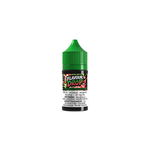 Valor Flavour Drop Salt Nic E-Liquid 30mL with strawberry, kiwi, and ice flavor, featuring a vibrant bottle label and fresh fruit images.