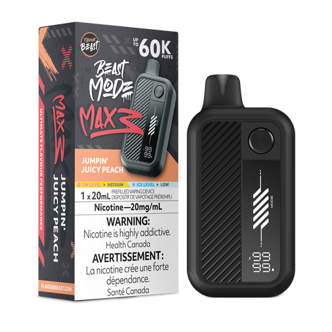 Disposable vape device from Pacific Smoke's Flavour Beast Beast Mode Max 3 with Jumpin Juicy Peach flavor and 20mg nicotine.