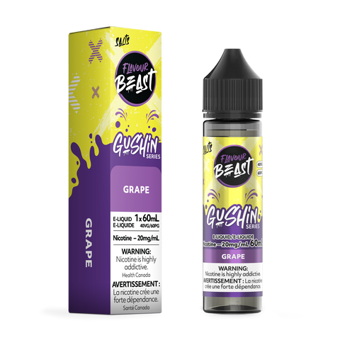 Pacific Smoke Flavour Beast Gushin E-Liquid 60ml bottle with grape flavor and 20mg nicotine, displayed in a clear bottle with label.