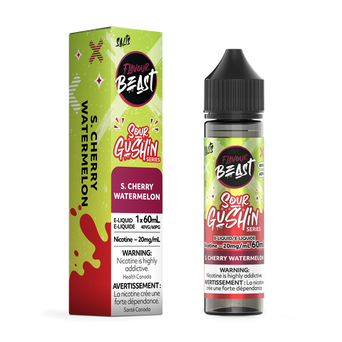 Pacific Smoke Flavour Beast Gushin E-Liquid 60ml bottle with cherry and watermelon flavor, featuring vibrant packaging and branding