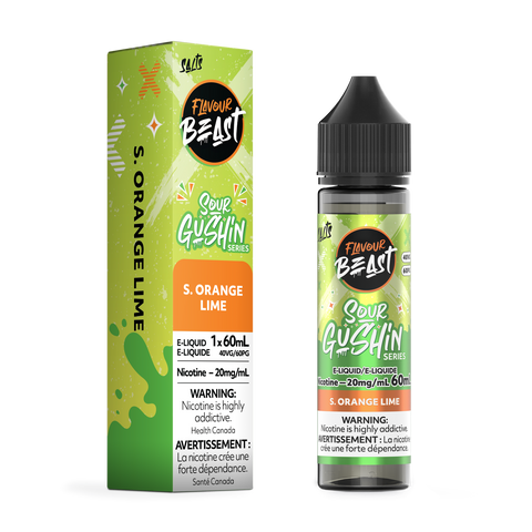 Pacific Smoke Flavour Beast Gushin E-Liquid 60ml bottle with orange and lime flavor, 20mg nicotine, vibrant label design