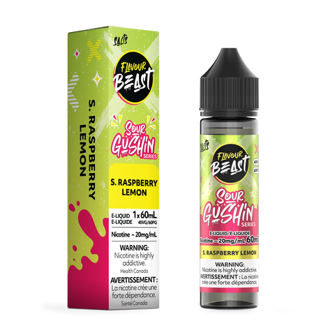 Pacific Smoke Flavour Beast Gushin E-Liquid 60ml with raspberry and lemon flavor, showing the product bottle with colorful label.