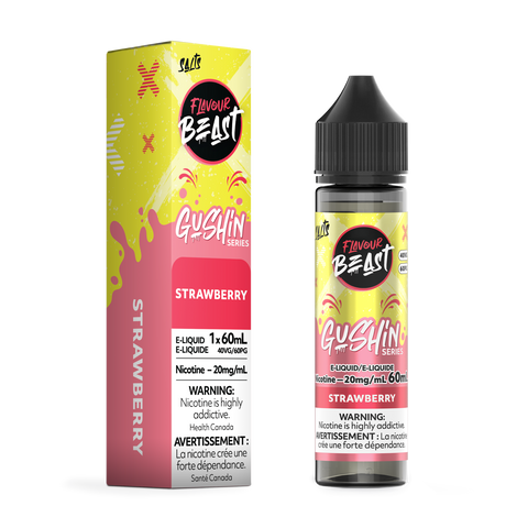Pacific Smoke Flavour Beast Gushin E-Liquid 60ml bottle with strawberry flavor and 20mg nicotine, displayed in a clear container.