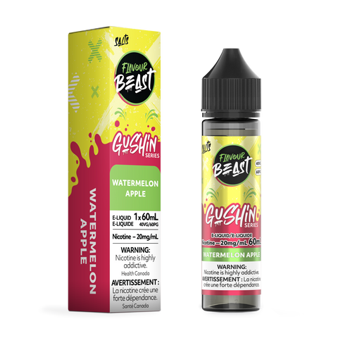 Pacific Smoke Flavour Beast E-Liquid Gushin 60ml bottle with watermelon and apple flavor, featuring vibrant fruit illustrations.