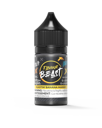Pacific Smoke Flavour Beast Nic Salt e-liquid 30mL bottle with Blastin Banana Mango flavor, vibrant blue label and vape imagery