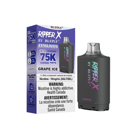 GCore Ripper X 75K grape-ice pre-filled pod for vaping, showing the colorful pod with flavor branding and vibrant grape-ice design.