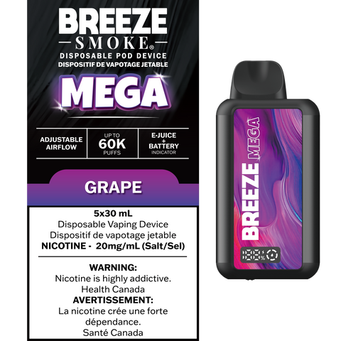 Smoke Arsenal Breeze Mega disposable vape in grape flavor, 30mL e-cigarette with sleek design and vibrant purple color.