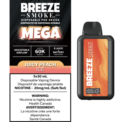 Smoke Arsenal Breeze Mega 30mL disposable vape with Juicy Peach Ice flavor, showing the sleek device and flavor packaging.