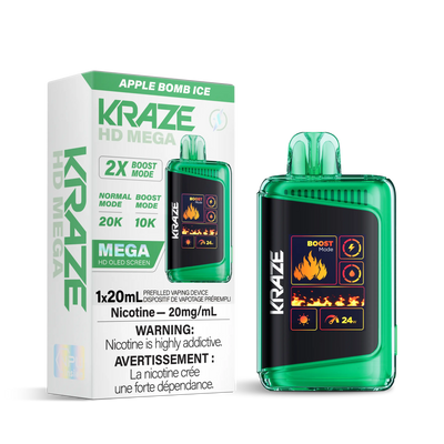 Pacific Smoke Kraze HD Mega 20k disposable vape with Apple Bomb Ice flavor, featuring a sleek design and vibrant branding.