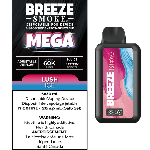 Smoke Arsenal Breeze Mega 30mL disposable vape with lush ice flavor, featuring a sleek design and vibrant packaging.