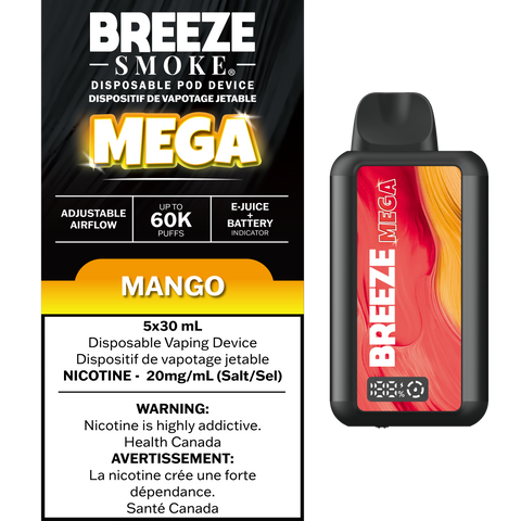 Smoke Arsenal Breeze Mega 30mL disposable vape with mango flavor, featuring a sleek design and compact size.