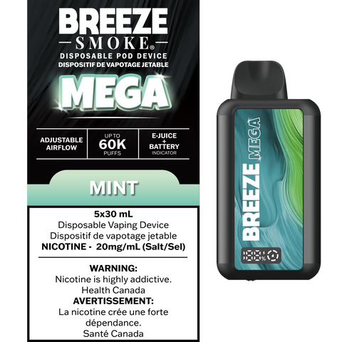 Smoke Arsenal Breeze Mega 30mL disposable vape with mint flavor, featuring a sleek design and compact size for easy vaping.
