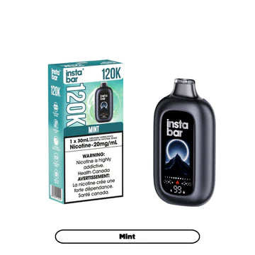 Nimbus Distro Insta Bar 120K disposable vape in mint flavor, featuring sleek design and compact size for easy use.