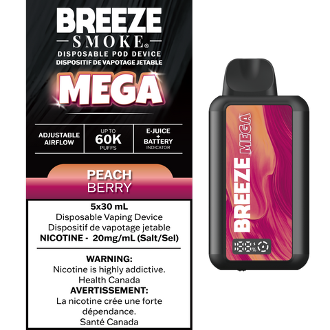 Smoke Arsenal Breeze Mega 30mL disposable vape with peach and berry flavor, featuring a sleek design and vibrant colors.