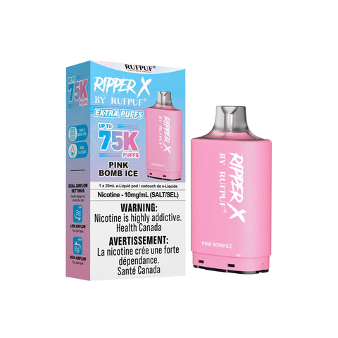 Pink GCore Ripper X 75K pre-filled pod with Pink Bomb Ice flavor, showcasing vibrant pink and blue design elements.