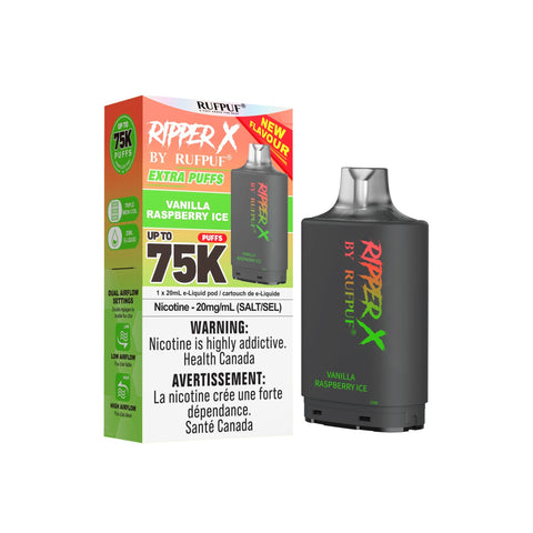 Ripper X 75K Vanilla Raspberry Ice 20mg pre-filled replacement pod and retail packaging