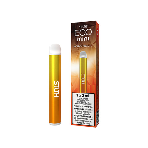 Valor STLTH Eco Mini disposable vape in golden tobacco flavor, compact design with sleek golden finish, ideal for on-the-go vaping.