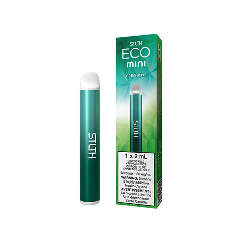 Green Apple STLTH Eco Mini disposable vape device by Valor, compact and portable with vibrant green apple design.